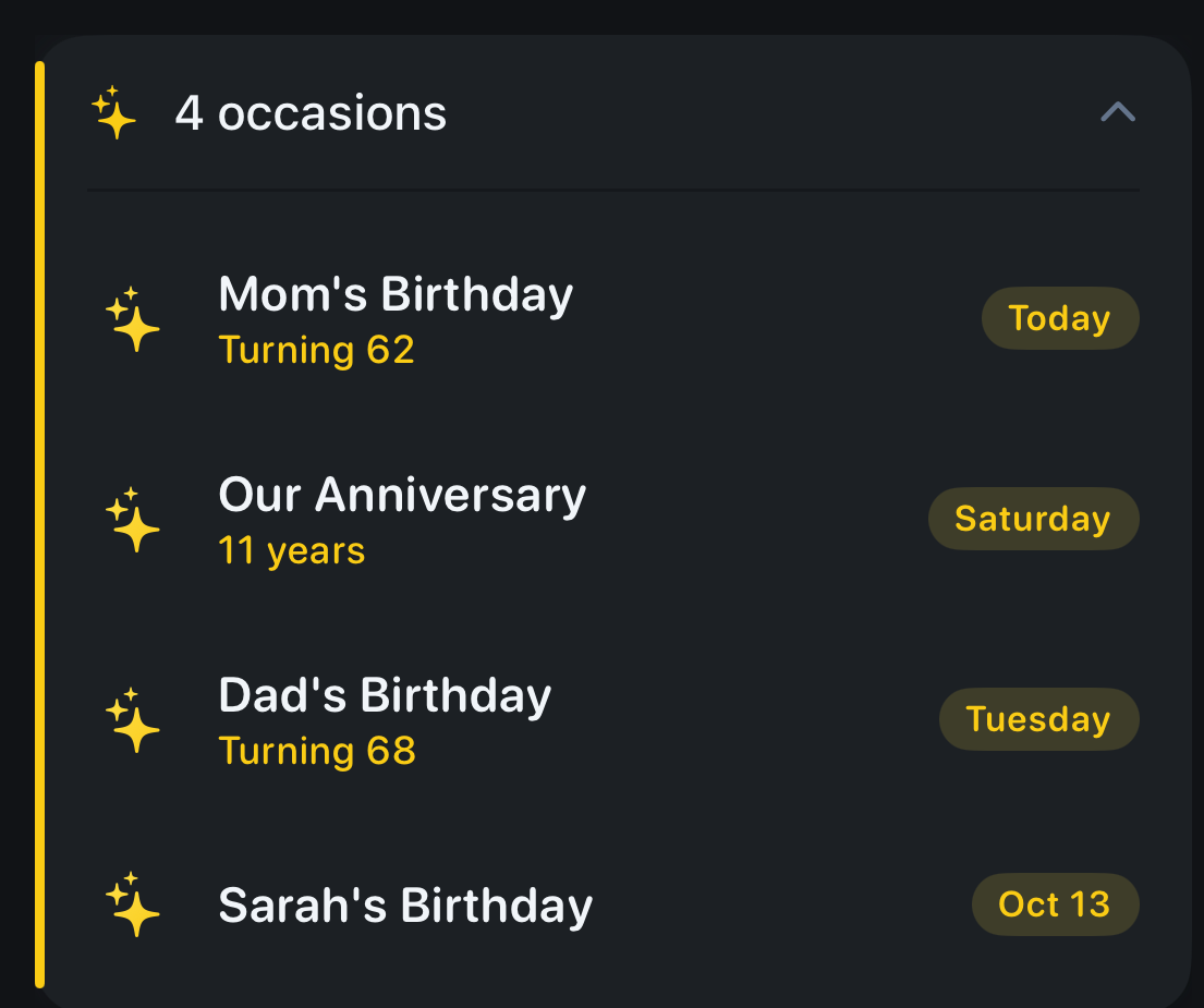 The Occasions card in Composed, expanded: Mom's Birthday, turning 62, today; Our Anniversary, 11 years, Saturday; Dad's Birthday, turning 68, Tuesday; Sarah's Birthday, October 13.