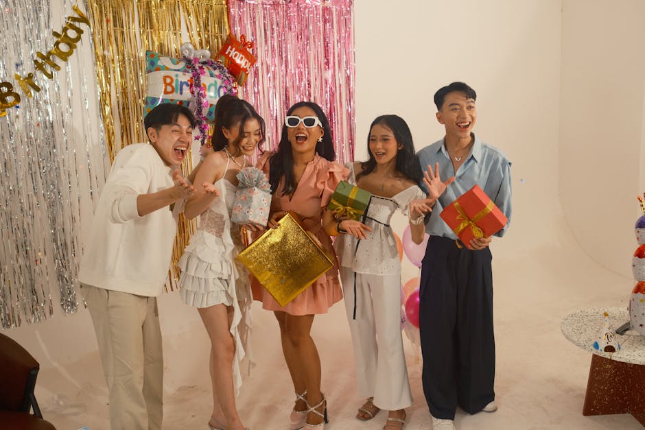 A happy group of friends arriving at an event together