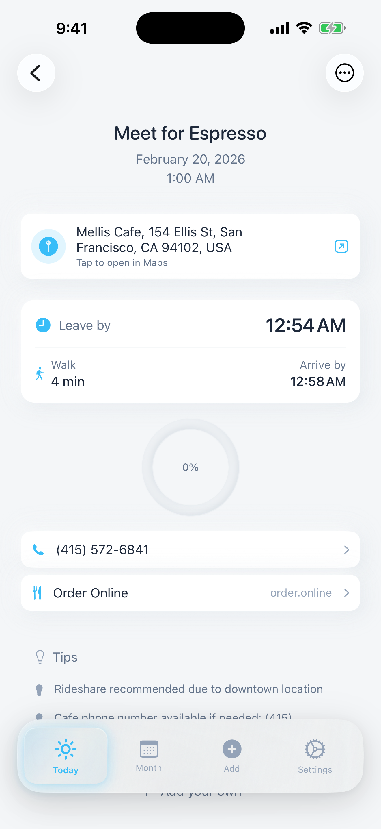 Composed event detail with departure time, prep tasks, and tips