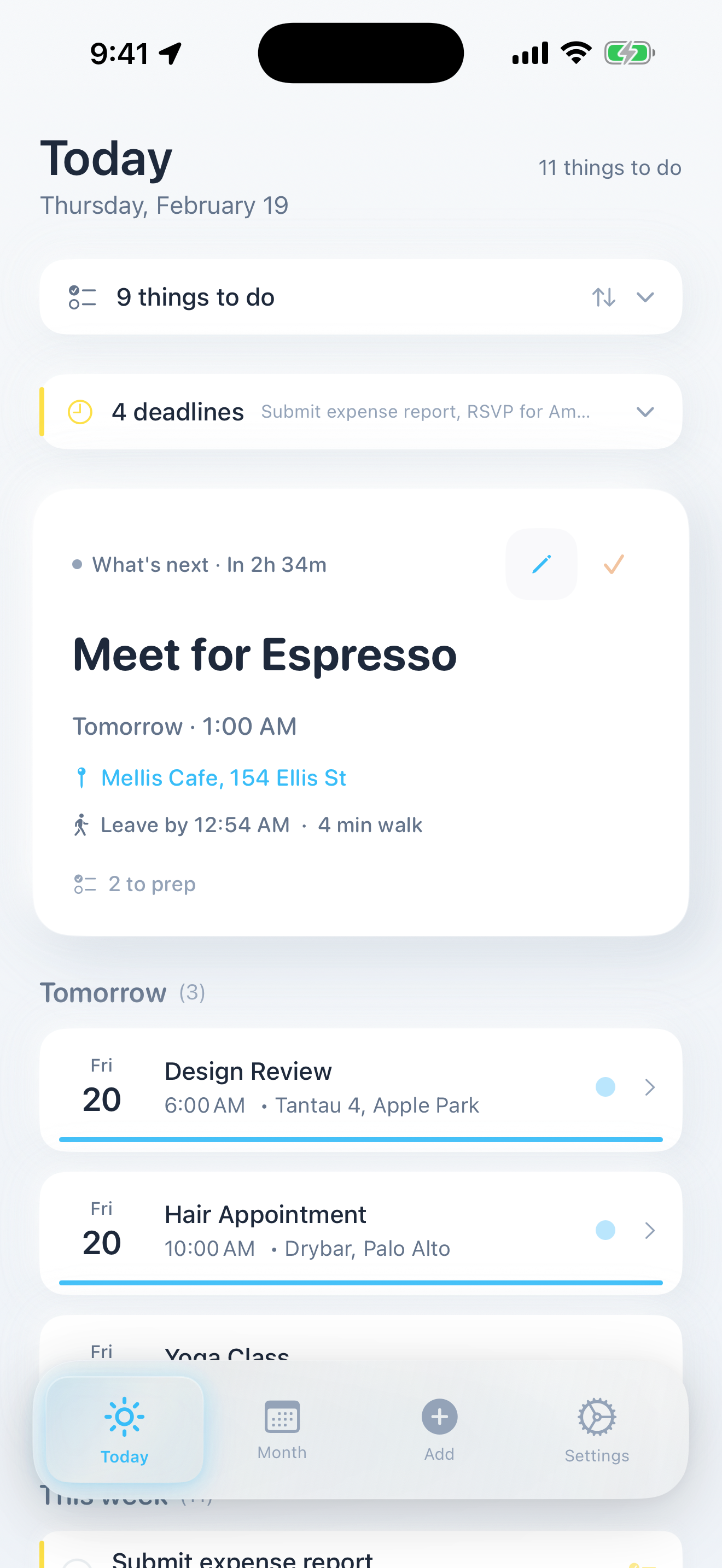 Composed Today view with upcoming events, departure tracking, and deadlines