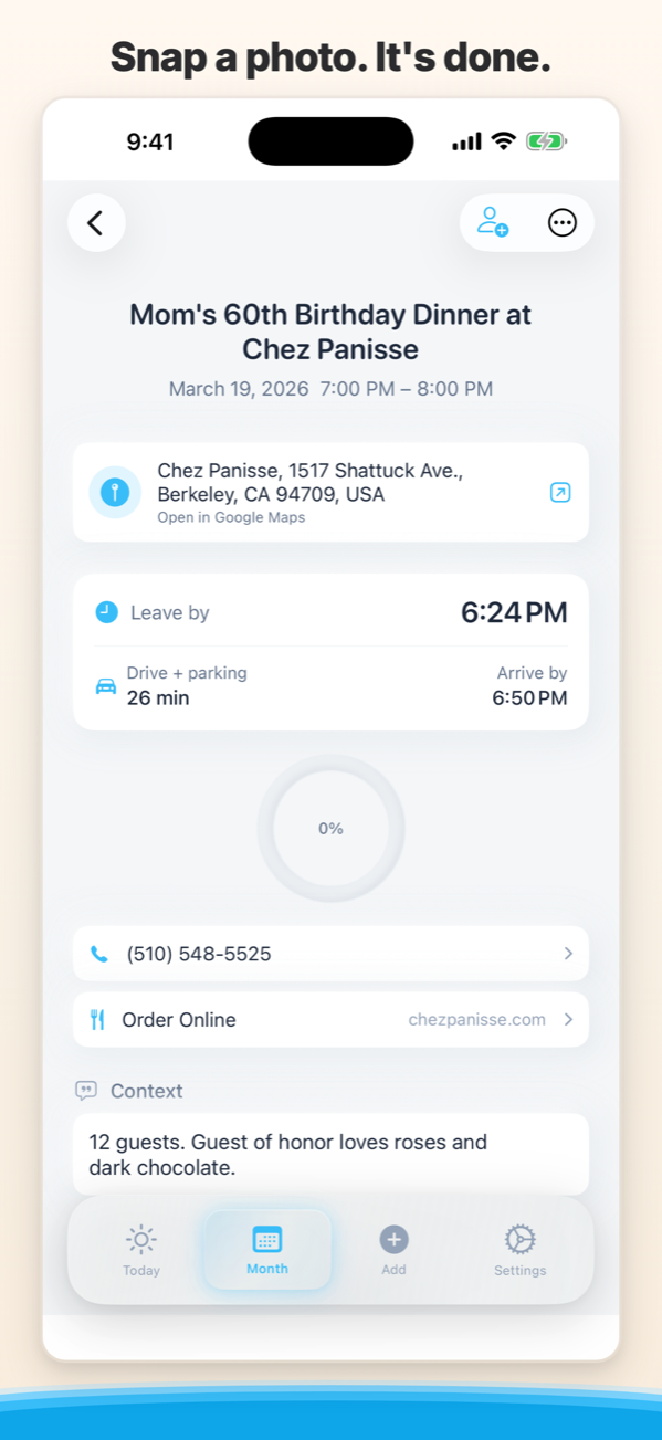 Snap a booking — Composed reads it and creates the event