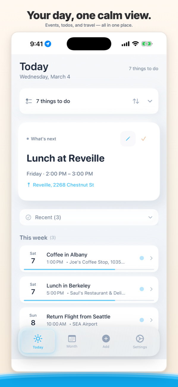 Composed Today view on iPhone — the next event, AI prep checklist, and a calm timeline