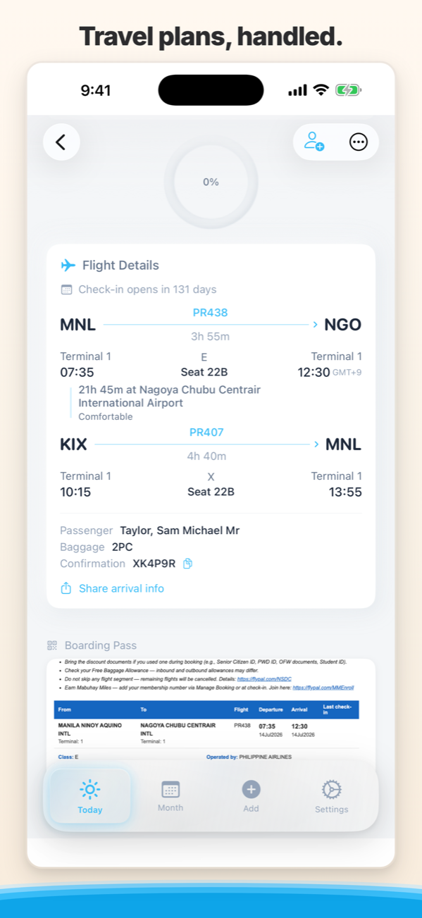 Travel prep — boarding, airport buffer, when to leave