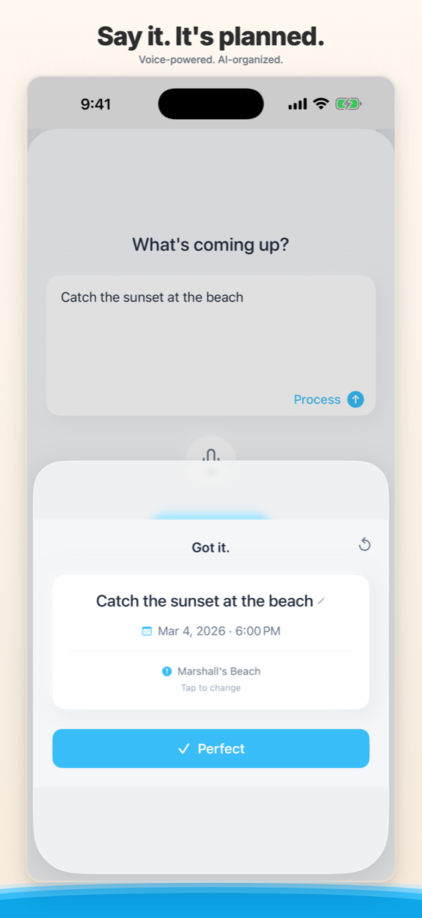 Voice input — say a plan, Composed creates the event