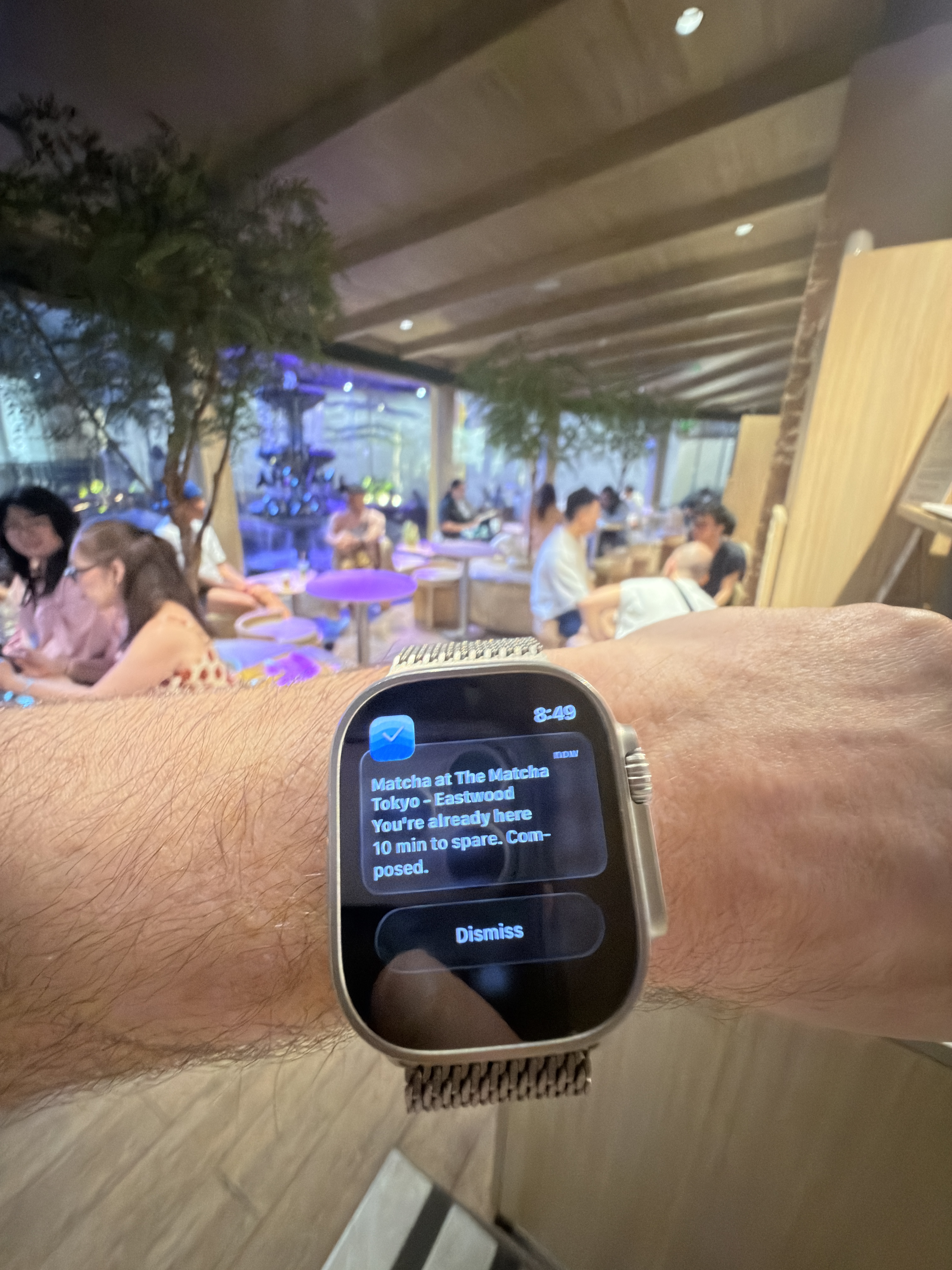 Apple Watch notification at The Matcha Tokyo: You're already here 10 min to spare. Composed.
