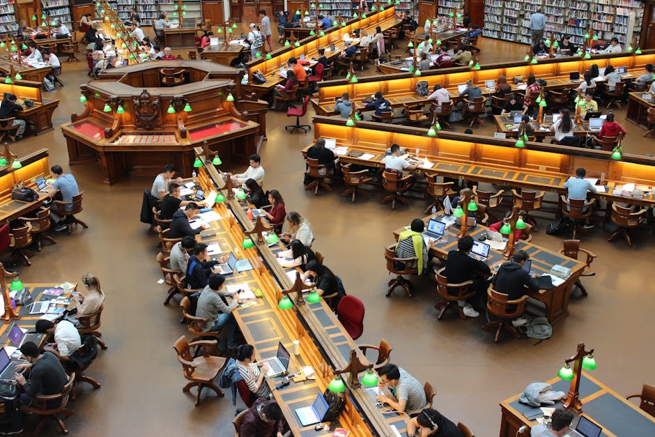 A college student studying at a library with books and a laptop
